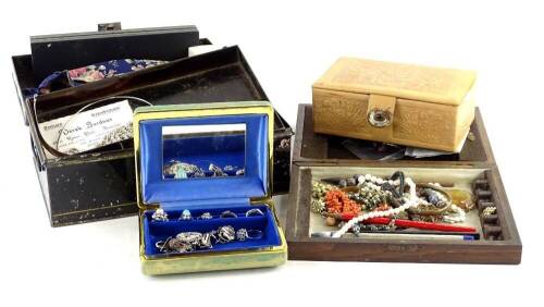 Various costume jewellery, to include silver dress rings, silver chains, shilling coins, gold plated pocket watch, coral necklace, citrine brooch, clip on earrings etc. (2 tins)