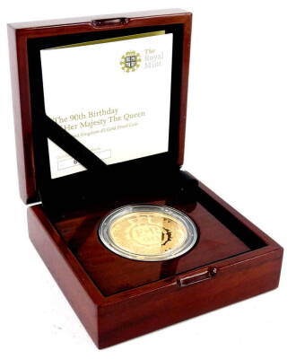 A 2016 UK £5 gold proof coin, the 90th birthday of Her Majesty, boxed etc.