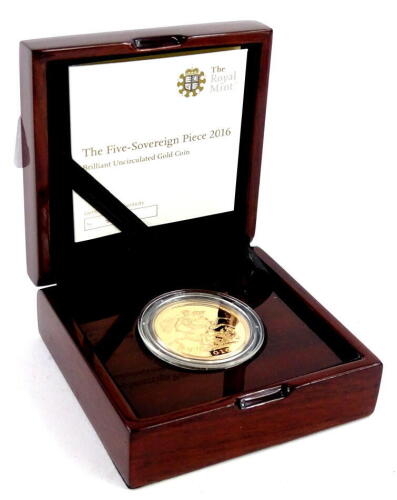 A 2016 five sovereign coin, brilliant uncirculated, boxed etc.