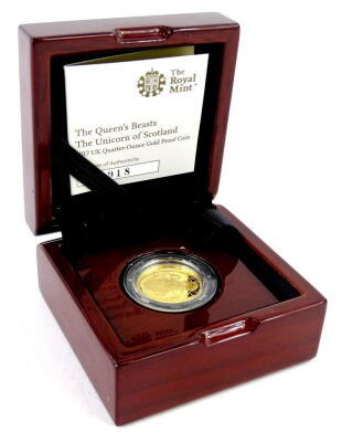 A 2017 quarter ounce gold proof coin, the Queen's Beasts, The Unicorn of Scotland, boxed etc.