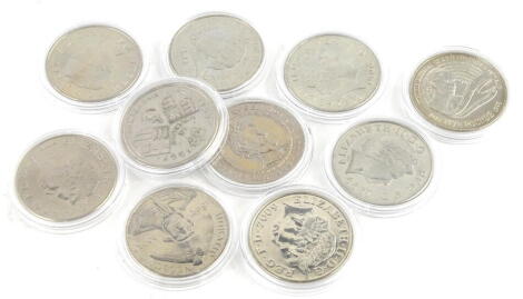 An assortment of ten Great Britain and Common Wealth five pound coins, including Princess Diana 1947, 1997 commemorative.