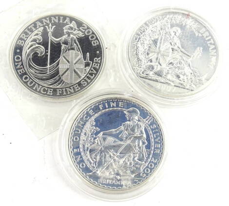 Three silver Britannia coins, 2007, 2005 and 2008.