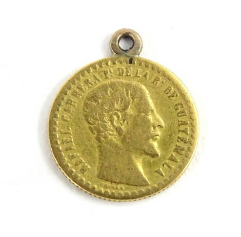 A Guatemala gold one peso 1860, with head a Rafael Carrera, with pendant hanging loop, 1.6g.