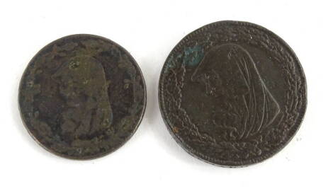 An Anglesey mines one penny druids head token 1787, and an Anglesey mines half penny 1788, (2)