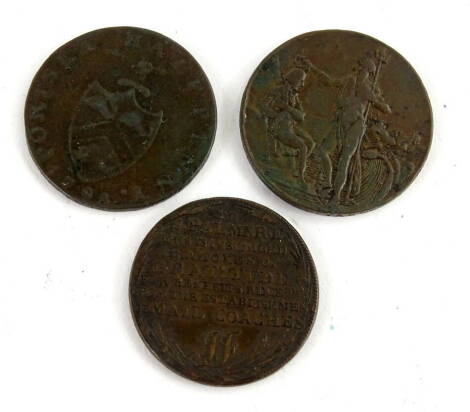 An 18thC Mail Coach half penny for J Palmer, a Portsea half penny 1794, and a Sir John Jervis half penny 1797, (3)