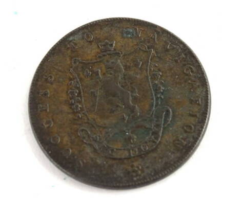 An 18thC John of Gaunt Duke of Lancaster half penny, inscribed Success to Navigation on the reverse.