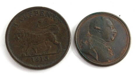 A half penny token 1813, and a George III copper token 1773, (2)