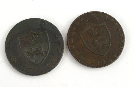 Two 18thC John of Gaunt Duke of Lancaster half pennies, 1791 and 1794.