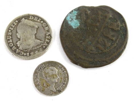 Three coins, to include a Charles III, ancient coin dated 1288 and a Napoleon 1806 quart.