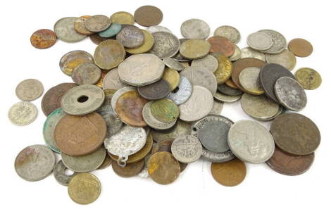 Various mainly foreign coins, to include a German Victoria spiel marke gaming token, some silver coins etc.