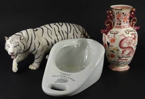 A collection of ceramics, to include a Masons dragon vase, retailed by Compton & Woodhouse 1992, a ceramic Siberian tiger titled White Majesty and a Boots Ideal Bed and Douche slipper bed pan.