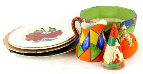 A collection of Clarice Cliff ceramics etc., to include a bowl with geometric design (AF), a Royal Staffordshire Clarice Cliff conical sugar castor with geometric design with printed mark in gold etc. (AF)