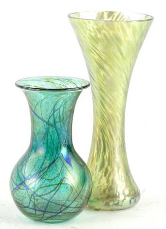 An Okra iridescent glass vase, 18.5cm H, and an Adrian Sankey iridescent glass vase, 13cm H.