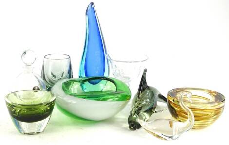 A collection of art glass, to include coloured bowls, a dolphin etc.