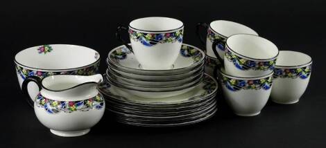 A Royal Doulton part tea service, decorated with Art Deco geometric bands, flowers etc., pattern number 1481.