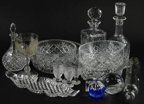 Miscellaneous glass, to include three decanters and stoppers, paperweights, cut glass bowls etc.