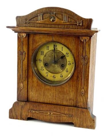 A Continental aesthetic style mantel clock, applied with copper pierced and cast copper panels, possibly German, 32cm H.