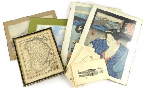 A collection of items, to include two 19thC watercolours, two similar Japanese prints etc.