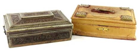 A 19thC Indian carved and ivory inlaid workbox, and a Victorian red velvet boat box with gilt brass mounts. (AF)