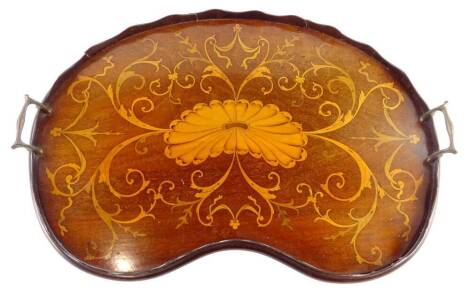 An Edwardian mahogany and marquetry kidney shaped tray, with a raised gallery with two brass handles, 59cm W.