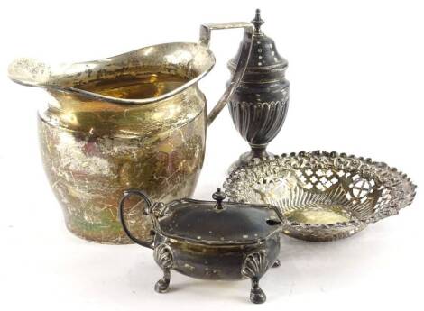 A collection of three small silver items, to include a 19thC cream jug, a pierced bonbon dish, pepper pot and a rectangular mustard pot, 7¾oz.