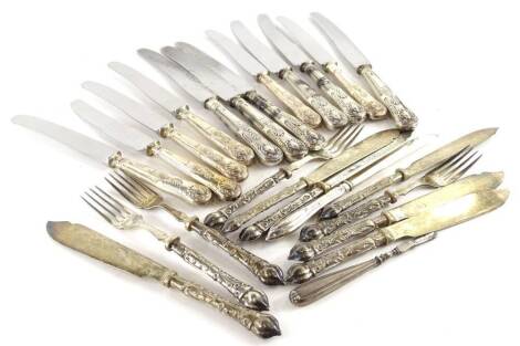 A collection of silver plated kings pattern and other fish knives and forks.