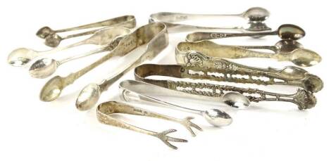 Ten various pairs of silver sugar tongs, to include two early 19thC examples.