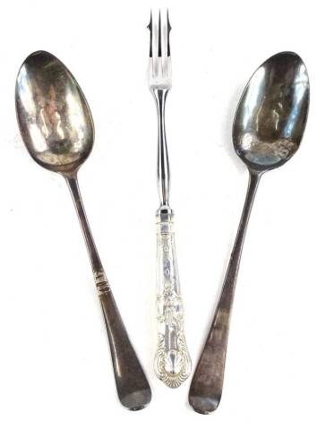 A pair of George V Old English pattern silver spoons, London 1823 by James Sutton and James Bult, 2¾oz, and a silver plated pickle fork with silver handle. (3)