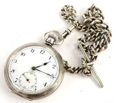 A silver cased pocket watch and chain.