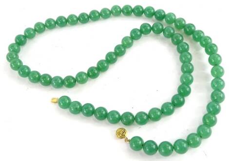 A jade effect necklace, with similar size light green beads, each approx 1cm W, the chain 80cm L overall, with a gold plated clasp.