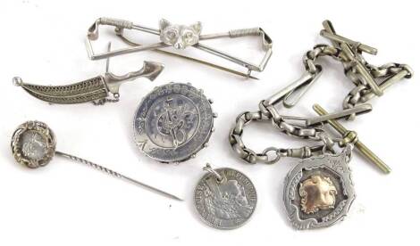 Various silver jewellery, to include a silver watch chain with fobs, to include a Humbert cup runners up shield, a Victorian style circular brooch with riding crop, a one frank pendant coin, a silver plated and fox riding crop brooch, a silver dagger broo