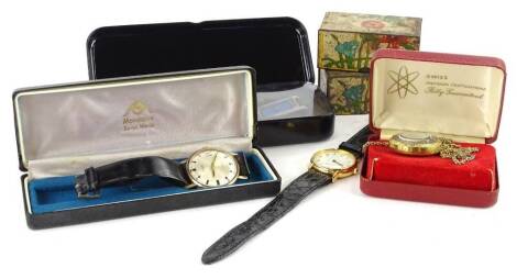 Various watches, to include an AA Quartz watch, a Swiss AM fob watch, a Kangol dress watch and an Aviva gold plated watch and two tins. (a quantity)