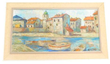 Bartoc. Harbour with boats, houses etc., oil on canvas, 40cm x 80cm.