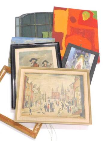 After Lowry. Street scene, coloured print, 37cm x 612cm, a golfing print, and various pictures and three glass windows.