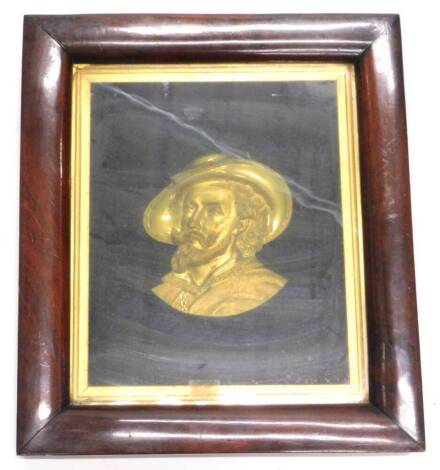 A 19thC gilt metal profile bust of a gentleman, wearing a hat and with a beard, in contemporary figured mahogany glazed case or frame, 52cm x 46cm.