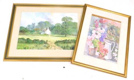 A 20thC school. Village scene with white cottage etc., watercolour indistinctly signed, 47cm x 68cm, and a watercolour still life. (2)