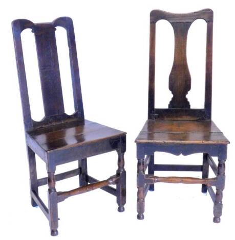 Two 17thC oak side chairs or back stools, each with a solid splat and seat, on part turned legs with stretchers.