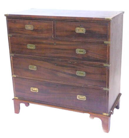 A 19thC mahogany chest of two short and three long drawers, on bracket feet, with later brass fittings, converting to a campaign chest, 105cm W.