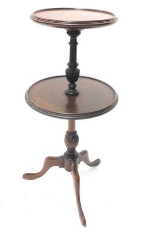 An Edwardian mahogany and boxwood strung two tier dumb waiter, on tripod base, 70cm H.