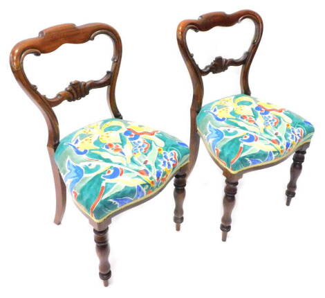 A pair of William IV rosewood balloon back chairs, each with a padded seat on turned tapering legs.