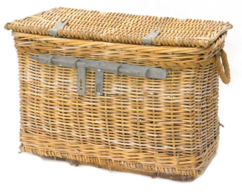 An early to mid 20thC wicker basket, with industrial galvanized mounts etc., 80cm W.