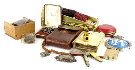 Miscellaneous items, to include small Bellows camera, silver plated Brandy label, silver watch chain with fob, two German bisque headed small dolls etc.