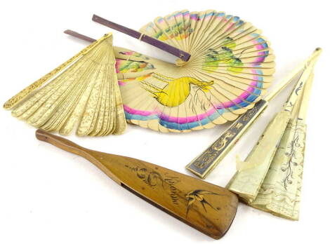 A 19thC Chinese Canton carved ivory fan, (AF), and other fans. (AF)