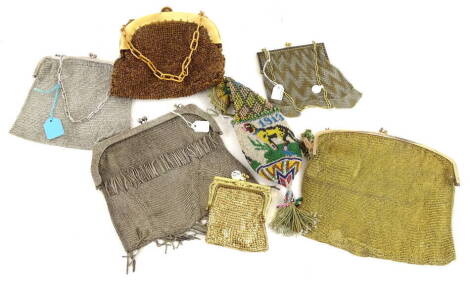 A collection of decorative purses, to include a bead work example, a purse dated 1913 and decorated with a dog etc.