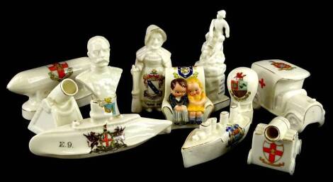 A collection of crested china, to include Mother Shipton, E9 submarine, First World War ambulance, airship, two figures seated on a sofa, a bust of Lord Kitchener etc.