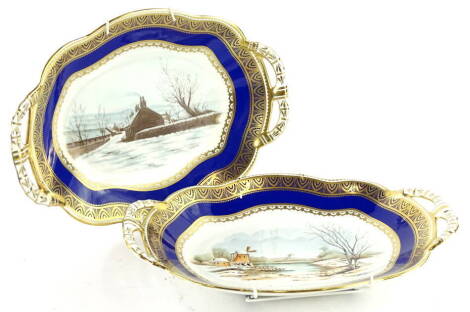 Two Coalport limited edition porcelain Christmas trays, produced for the Ironbridge Gorge Museum Trust, after designs by Arthur Bowdler (1842-1913), one signed L Gidman, the other indistinct, sold with one certificate, both boxed.