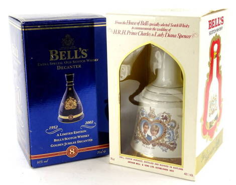 Two Bells commemorative Whisky decanters, for the wedding of Prince Charles and Lady Diana, and the 50 years reign of Queen Elizabeth II, both boxed.