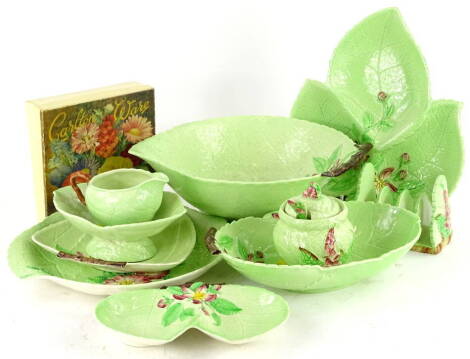 Miscellaneous items of Carltonware leaf moulded pottery, to include toast rack, preserve jar, dishes etc.