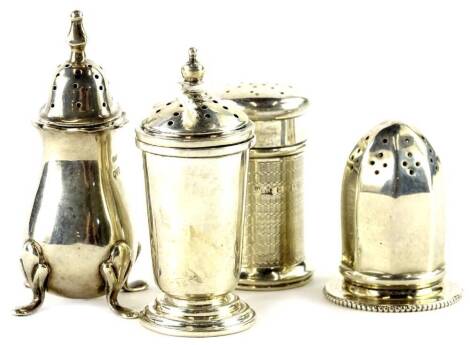 Four various silver pepper pots, various designs and assays, etc, weighable silver 2¼oz.