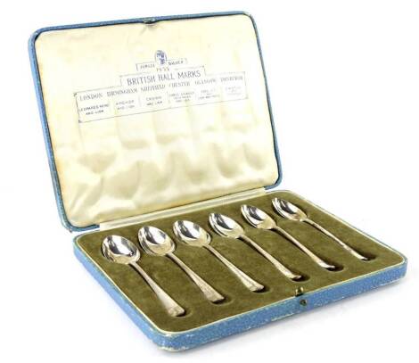 A set of six George V silver teaspoons, from the silver Jubilee year of 1935, each with hallmarks for London, Birmingham, Sheffield, Chester, Glasgow & Edinburgh, in presentation case.